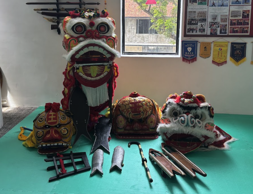 Guang Wu Wushu Club's collection of lion heads, tiger heads and weapons